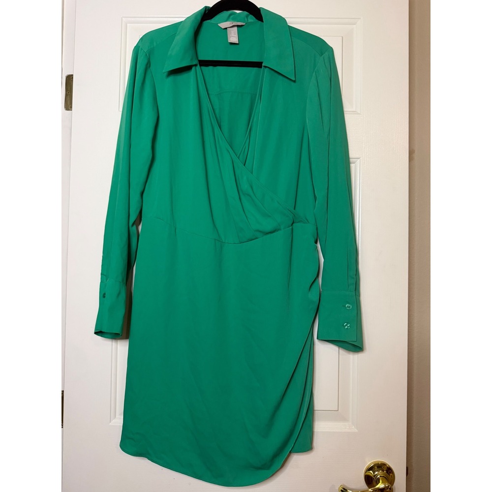 H&M Green Long Sleeve Wrap Front Shirt Dress Size Large Emerald Mini Surplice